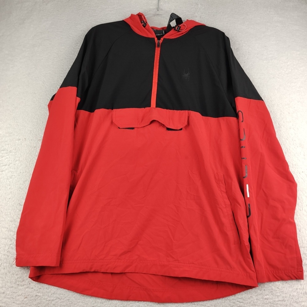 Spyder Jacket Men Medium Anorak Quarter Zip Black Red Hooded Windbreaker E3A6